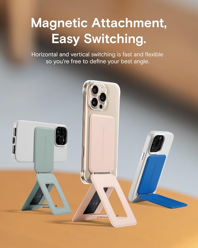 MOFT Phone Stand, Magnetic Phone Tripod Stand Stain-Resistant MOVAS Leather & Angle Adjustment & Strong Magnets Tripod for iPhone 16/15/14/13/12 (Included Metal Ring)-Sapphire