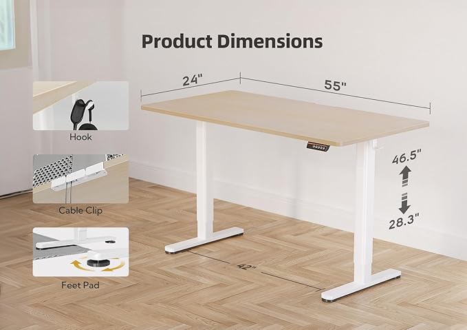 YDN Electric Standing Desk Adjustable Height, 55 x 24 Inches Stand up Desk with Cable Management, Home Office Desks with Splice Board & White Frame, Nature Top