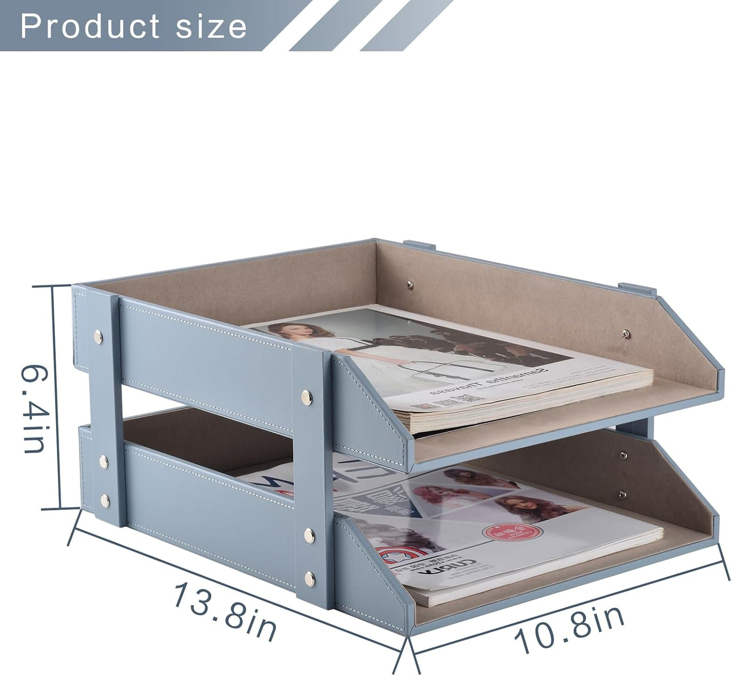 Leather Desk Letter Tray,Office Supplies Paper Organizer for Mail Paper Files Magazines Jewelry Cosmetics,Fashion Letter Holder& 2-Tier Multipurpos Stackable Office Desktop Storage Box,Grey