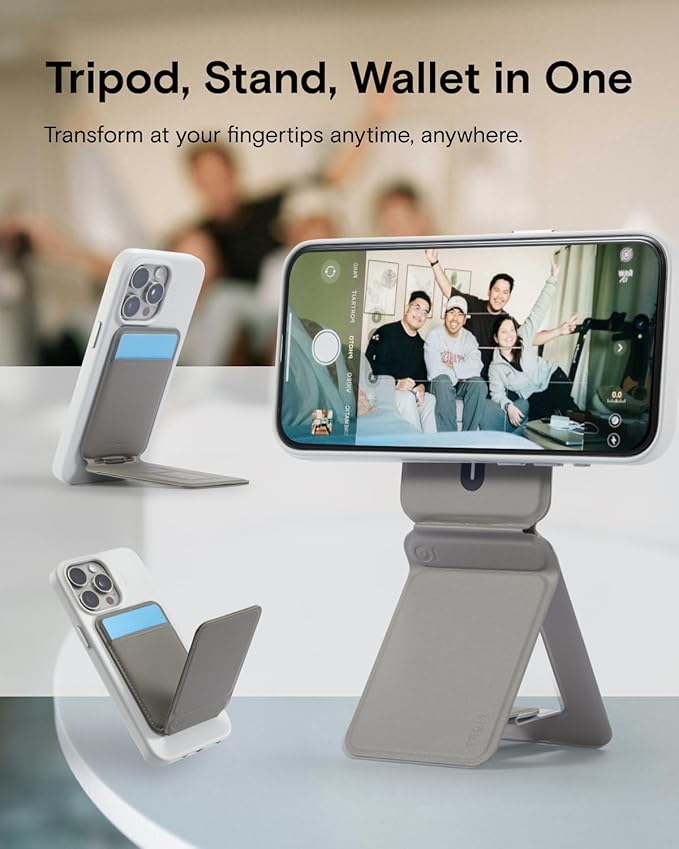 MOFT Phone Tripod Wallet, 3 in 1 Phone Stand MagSafe, NFC-Supported Magnetic Phone Wallet, MOVAS Vegan Leather Adjustable Card Holder, Taupe