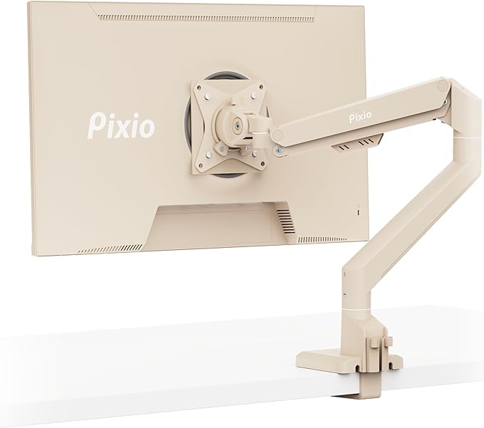 Pixio PS1S Wave Beige Single Monitor Arm Stand Desk Mount - Fits up to 32 inches Monitors and up to 19.8lbs. VESA Compatibility and Integrated Cable Management