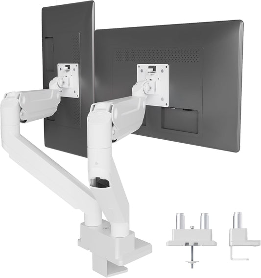 Claiks Dual Monitor Mount for Max 35 inch Screens Stand up to Max 89 lbs, Ergonomic Gas Spring Heavy-Duty Adjustable Monitor Arm, with Clamp and Grommet Base, VESA Mounting Holes 75&100mm, White