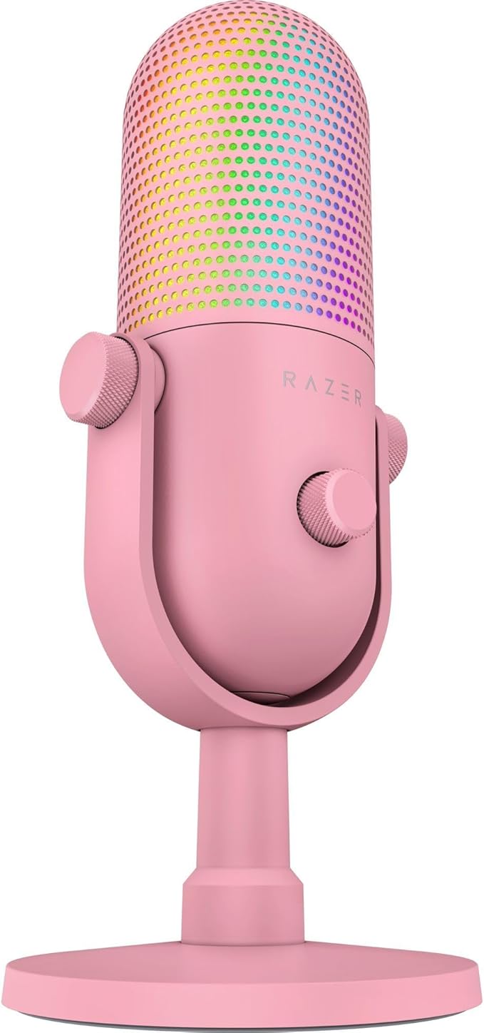Razer Seiren V3 Chroma RGB USB Microphone: Stream & Game Reactive Lighting - Tap-to-Mute Sensor - Condenser Mic - Digital Gain Limiter & Shock Absorber - PC, Discord, OBS Studio, XSplit - Quartz Pink