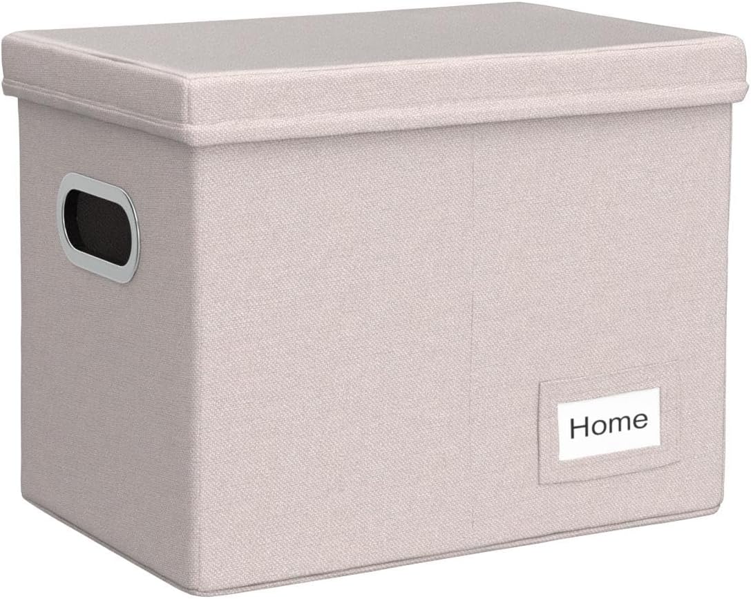 PRANDOM File Organizer Box - Set of 1 Collapsible Decorative Linen Filing Storage Hanging File Folders with Lids Office Cabinet Letter Size Light Grey (14x9.3x10.8 inch)