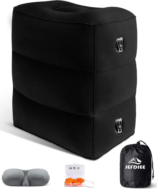 JefDiee Inflatable Travel Foot Rest Pillow, Kids Airplane Bed, Adjustable 3 Layers Height Leg Rest Pillow, Adults Travel Essentials Great for Airplane, Office, Home, Trains, Cars (Black)