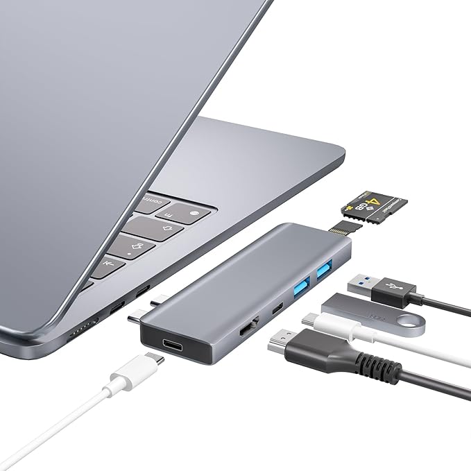 USB C Hub, USB C Adapter, 7 in 2 USB-C Hub for MacBook with Thunderbolt 4, 4K HDMI, Type C, 2 USB A, SD/TF Card Reader, Compatible with MacBook Pro 2016-2024, MacBook Air 2018-2025 (Silver)