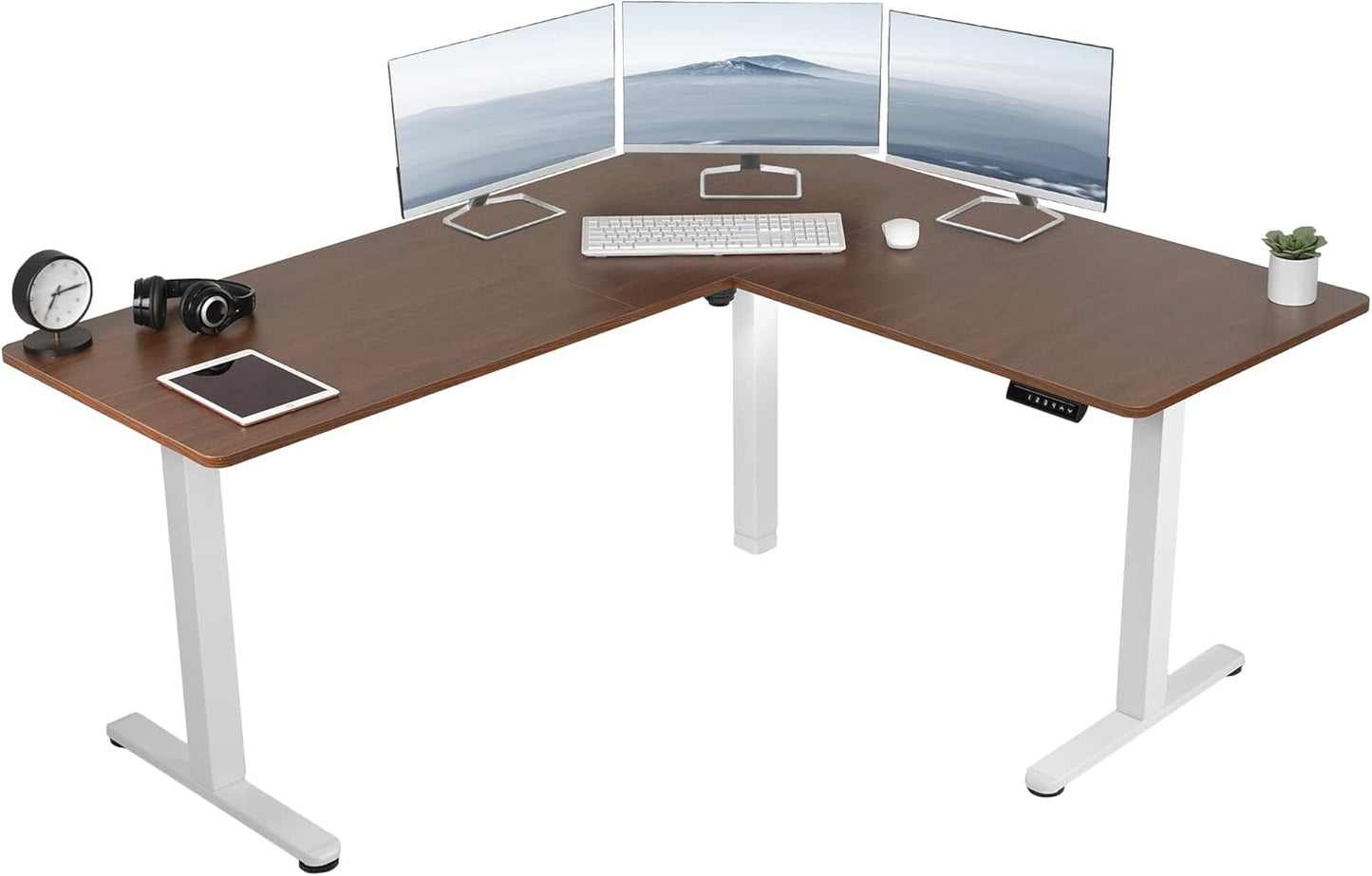 VIVO Electric Corner L-Shaped 63 x 55 in Standing Desk, Memory Height Adjustment, Dark Walnut Top White Frame, DESK-E3CTWD