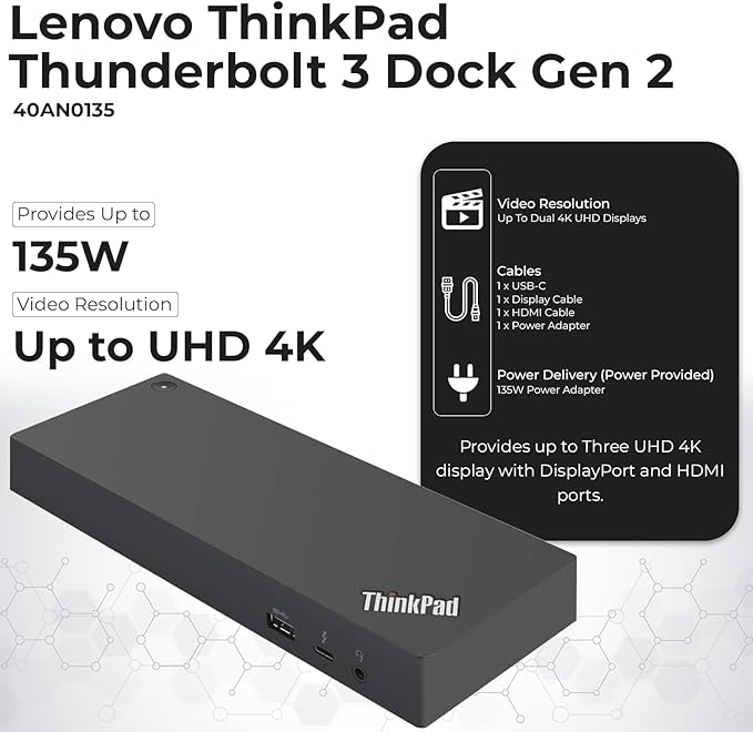 Lenovo 40AN0135US Dock 135W Bundle - Gen 2 Dual UHD 4K Display with 135W Power Adapter + 4K HDMI Cable + 4K DisplayPort Cable + Thunderbolt Cable + Microfiber Cloth - Lenovo Docking Station (Renewed)