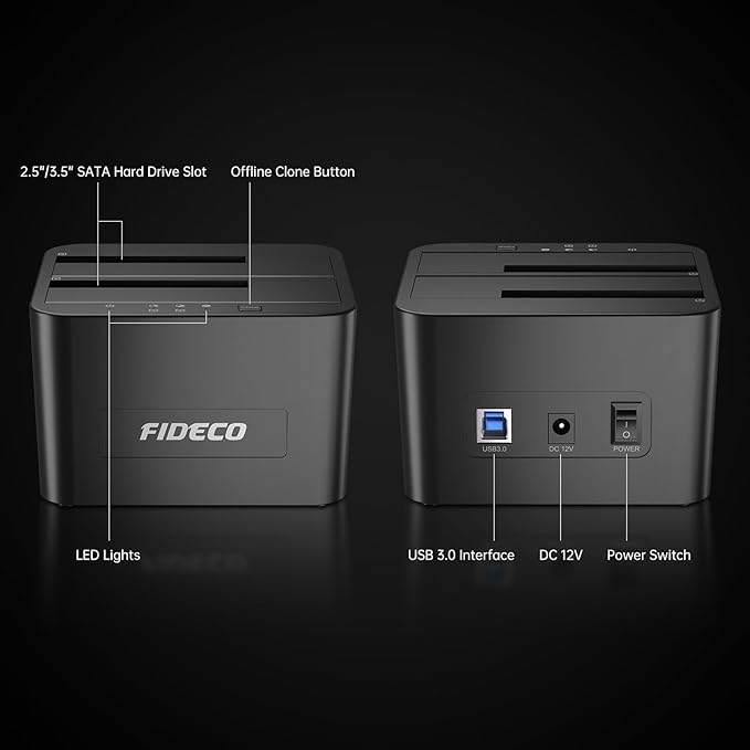 FIDECO External Hard Drive Docking Station, Hard Drive Dock for 2.5 and 3.5 inch SATA HDD SSD, HDD Docking Station with Dual Bay, USB 3.0 Hard Drive Reader, Support Offline Clone and UASP
