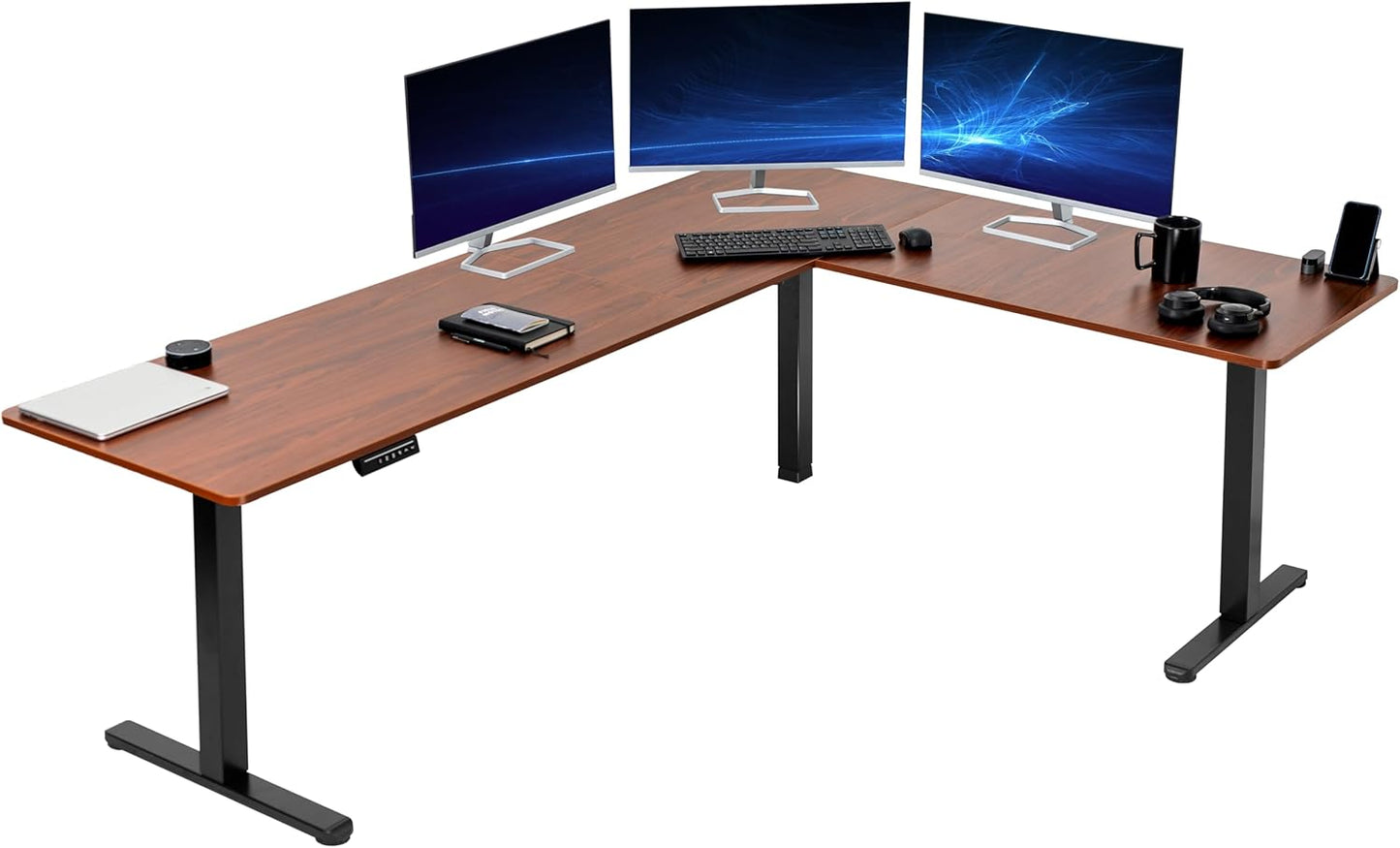 VIVO Electric Corner L-Shaped 84 x 63 in Standing Desk, Memory Height Adjustment, Dark Walnut Top Black Frame, DESK-E3CTBD-84