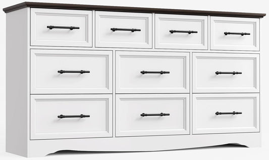 White Dresser for Bedroom, Farmhouse 10 Chest of Drawers, 59" Wide Chest of Drawers with Brushed Metal Handle, Wood Closet Organizers and Storage Cabinet for Bedroom, Living Room, Hallway