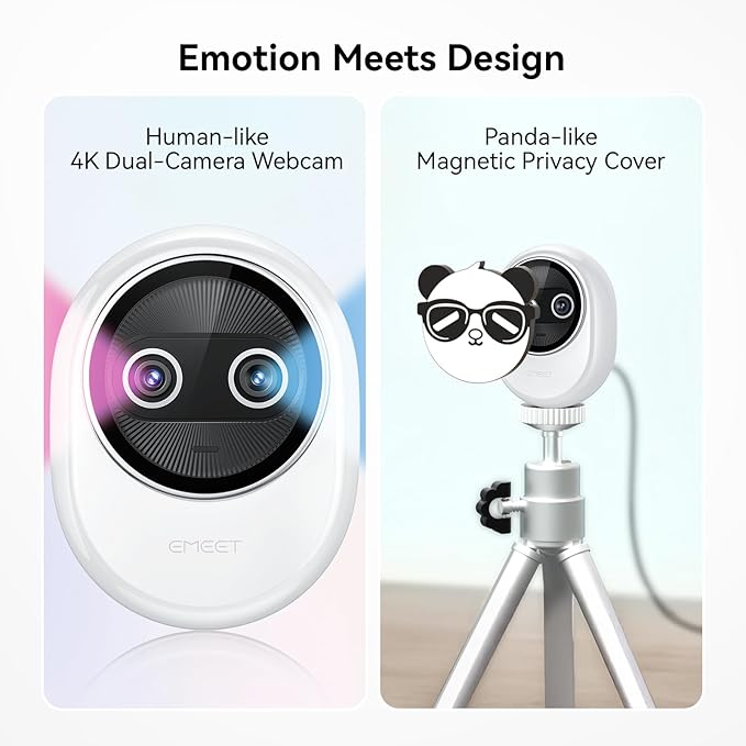 EMEET Piko+ Webcam 4K, World's 1st Dual-Camera AI-Powered 4K Webcam, 1/2.55'' Sony Sensor, 3 Mics&3 Sound Modes, Panda Magnetic Privacy Cover, USB C-C&C-A, Ideal for Livestreamers and Content Creators