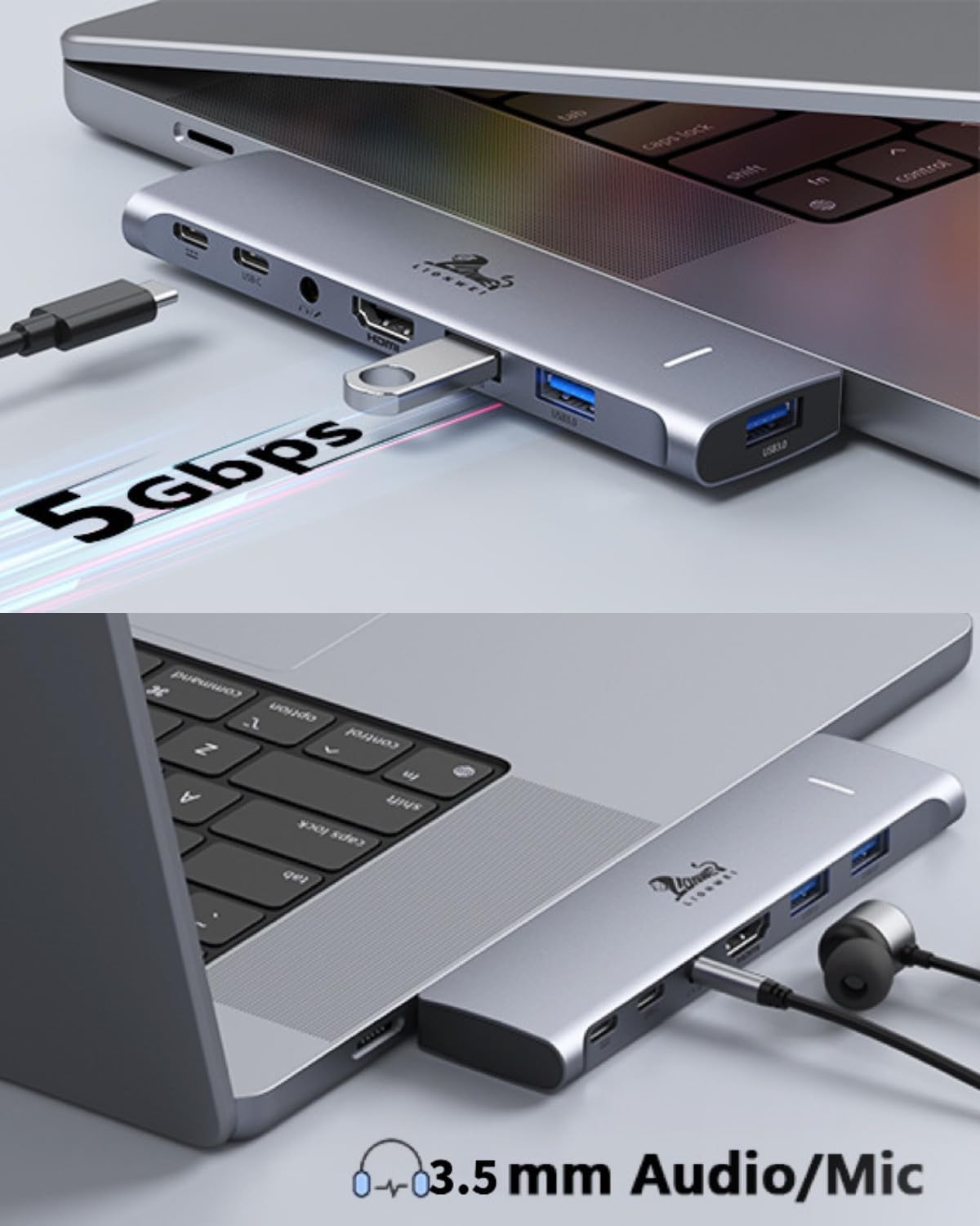 USB C Hub Adapter for MacBook Pro/Air M1M2M3 2022 2021 2020 13"15"16",Multiport MacBook Adapter MacBook Accessories with 4K HDMI,3USB3.0,Audio,100W Thunderbolt-Enabled USB-C,Support MagSafe 3 Charging