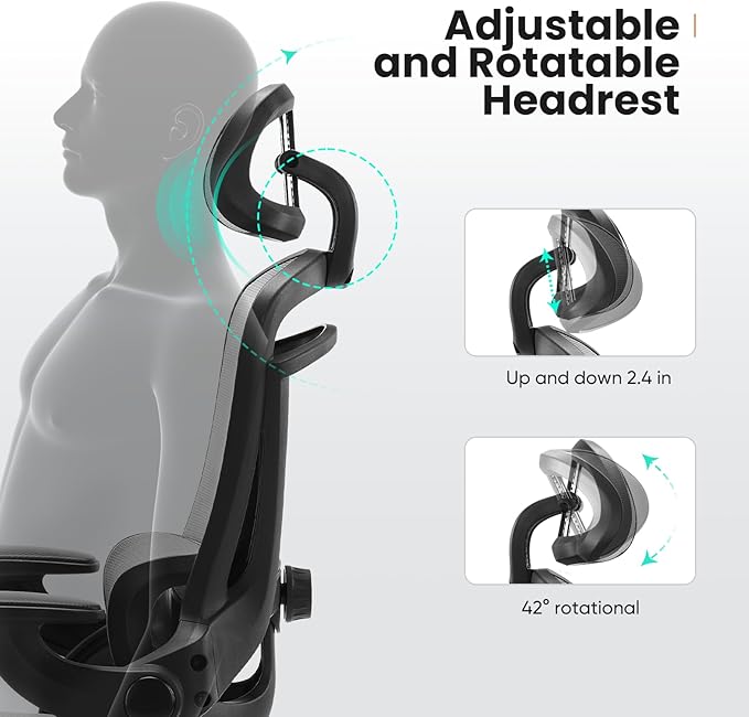 DUMOS Ergonomic Mesh Office Chair - High Back Executive Chair with 2D Headrest & Up&Down Lumbar Support | Adjustable Flip-Up Arms, 330lbs Heavy Duty for Home Office/Gaming (Grey)