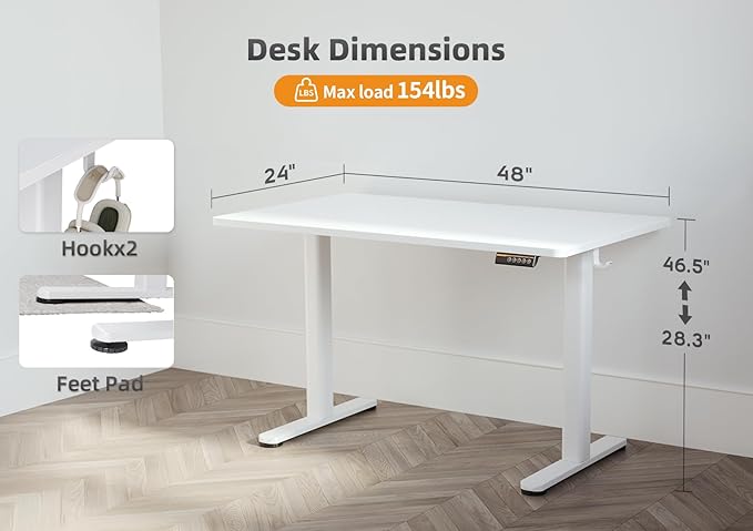 Seang Standing Desk with Adjustable Height, 48x24 Inch Electric Stand Up Desk for Home Office, Studio, Computer Workstation, White Top