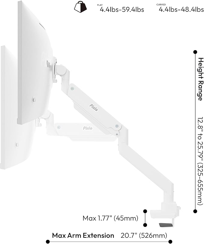 Pixio PS2S Titan White Ultrawide Mega Heavy-Duty Premium Single Monitor Arm Stand fits up to 57 inch Monitors Holds up to 59.4lbs VESA Compatible Integrated Cable Management