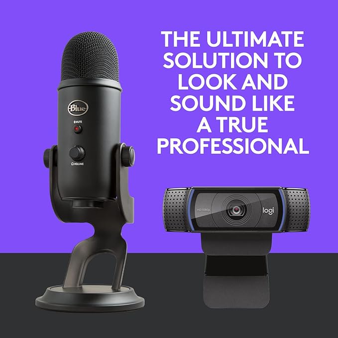 Logitech C920x HD Pro Webcam, Full HD 1080p/30fps - Black w/Blue Yeti USB Microphone - Blackout