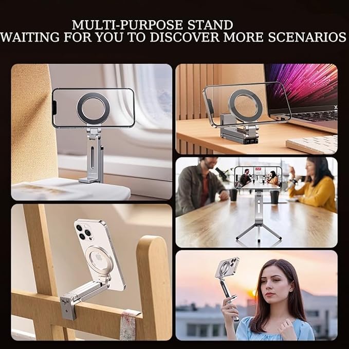 Esimen Magnetic Phone Tripod Stand for iPhone 16/15/14/13/12 Series, Foldable Pocket-Size Alloy Holder with 360° Rotation, Strong MagSafe Grip, 1/4" Screw Mount, Portable Desk & Travel Vlog Stand