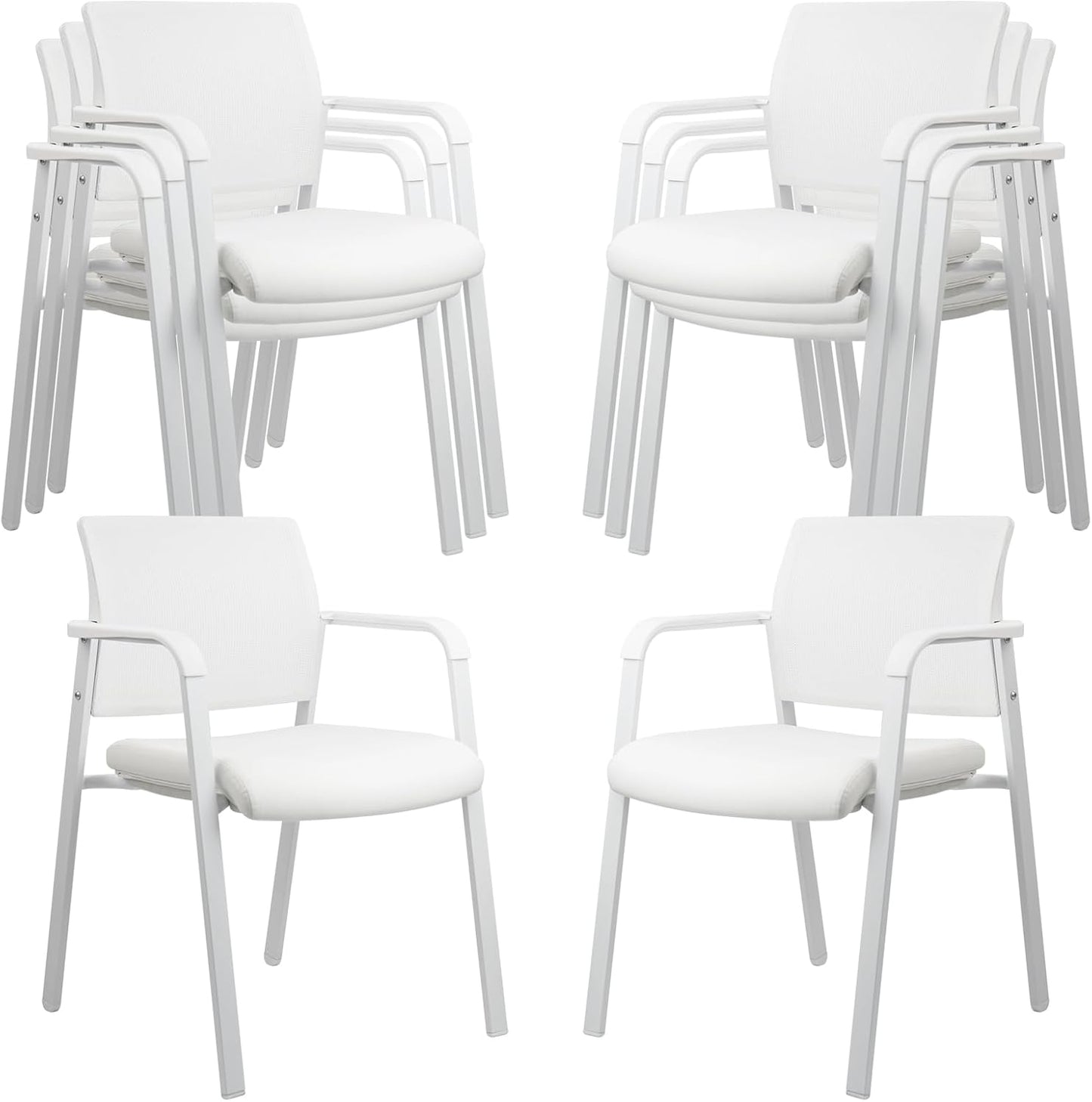 CLATINA Stacking Office Chairs | Mesh Back, Thicken Leather Seat and Arms, Ergonomic Lumber Support | Guest Reception, Waiting, Conference, School, Party, Customer, Side, Stationary | Set of 8, White