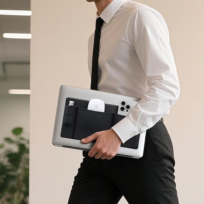 Lacdo 3-Pocket Mouse Holder for Laptop Stick on, External Hard Drive SSD Holder for Laptop, Stick on Pouch Organizer Adhesive Pocket Storage Sleeve for Mouse/HDD/SSD/Cables, Computer Accessories,Black