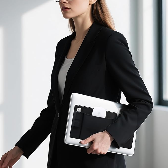 Lacdo 3-Pocket Mouse Holder for Laptop Stick on, External Hard Drive SSD Holder for Laptop, Stick on Pouch Organizer Adhesive Pocket Storage Sleeve for Mouse/HDD/SSD/Cables, Computer Accessories,Black