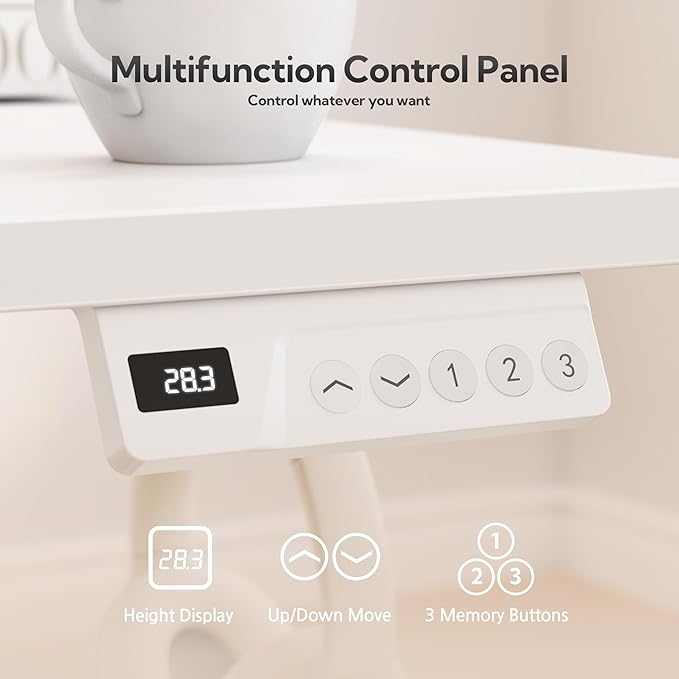 Seang Standing Desk with Drawer, 48" x 24" Height Adjustable Stand Up Desk, 3 Memory Height Settings with Cable Grommets & Storage Hooks, Ideal for Home & Office, White