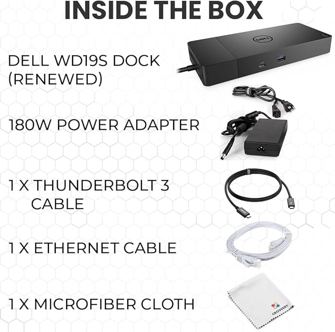 Dell WD19S Docking Station Bundle with USB-C and Dual Monitor Support - Complete Package Includes Dell WD19S Dock, 180W Power Adapter, Thunderbolt 3 & Ethernet Cable, Microfiber Cloth (Renewed)