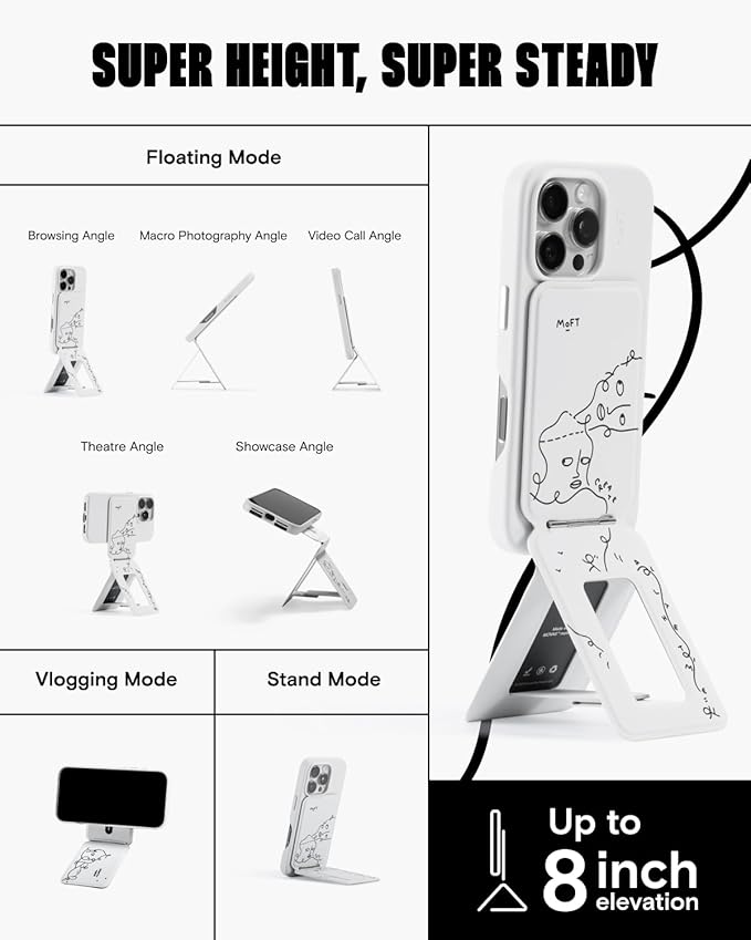MOFT x Shantell Martin Phone Tripod Stand Selfie Stick for iPhone, Multi-Angles iPhone Stand, Lightweight & Portable Phone Holder, Strong Magnets, MOVAS Vegan Leather, Misty Cove (Without Card Slot)