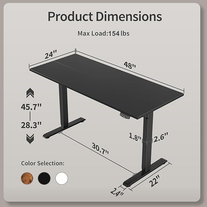 Agilestic Electric Standing Desk, 48 x 24 Inches Height Adjustable Desk, Sit Stand up for Work Office Home, Ergonomic Rising Gaming Computer Table with Memory Preset, Black