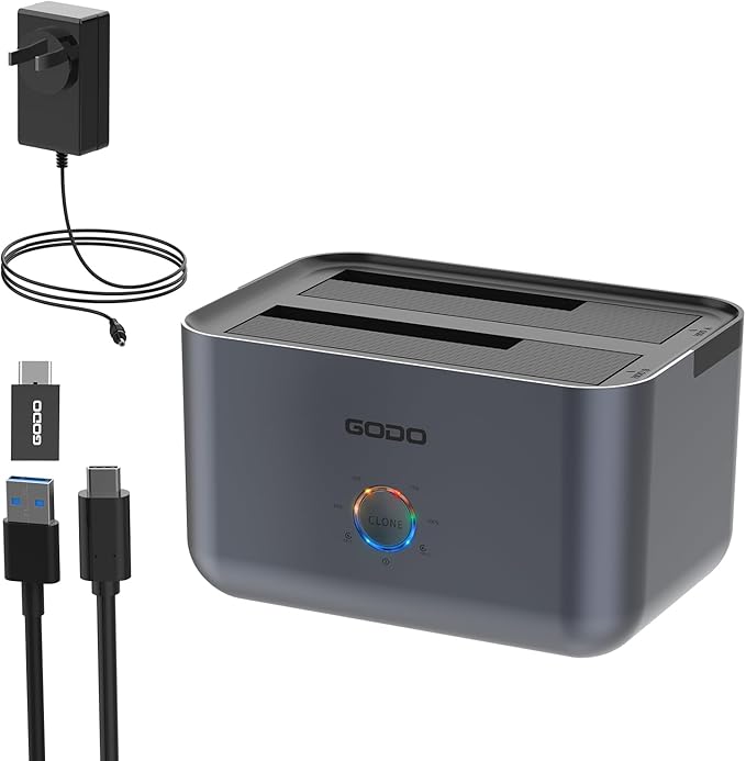 GODO Hard Drive Docking Station to USB 3.0 Type C,Dual Bay Hard Drive Dock for SATA 2.5/3.5 inch HDDs/SSDs with LED Indicator,Support Offline Clone/Duplicator 2 * 18TB Grey