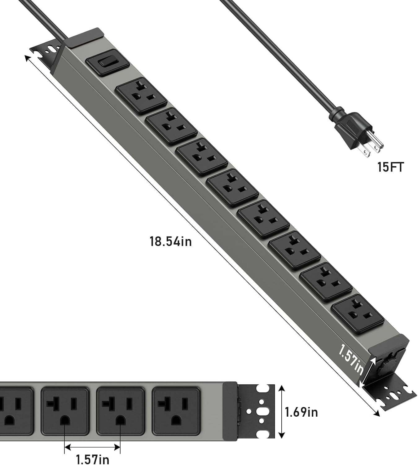JUNNUJ Heavy Duty Power Strip Wall Mount, 20 Amp Surge Protector 1200J Metal 8 Outlet Under Desk Mounted 20A, Garage Power Bar Table Socket Industrial Outlets 6-20R T-Slot, 15FT 12AWG Extension Cord