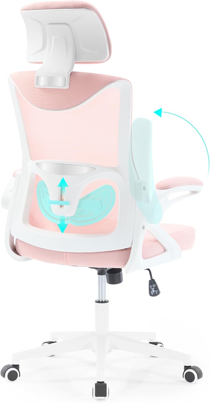 Fizzin Ergonomic Office Chair,Ergonomic Desk Chair with Headrest Pink Computer Chair with High Back Adjustable Lumbar Support, Rolling Swivel Chairs with Wheel Armrests for Home Office(Pink)