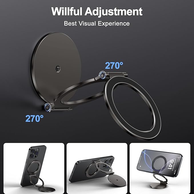 Dual Magnetic Ring Phone Holder for MagSafe, 1/4" Screw Hole Tripod Mount, Attach Your Phone to Iron Object, Adjustable Gym Phone Stand for iPhone 16/15/14/13 Pro Max & All Phones
