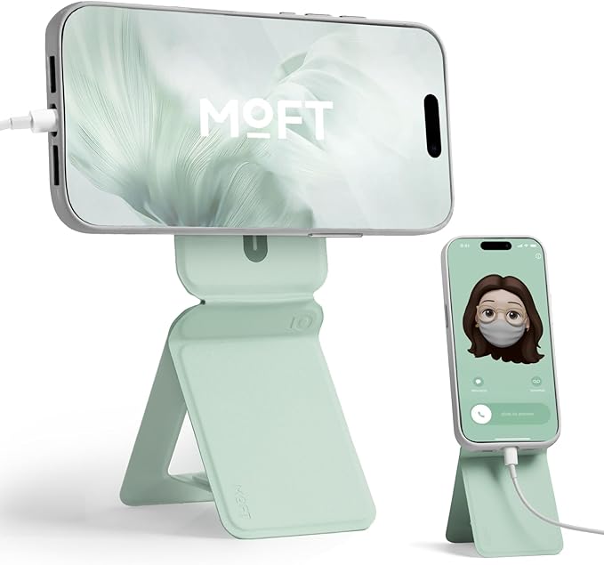 MOFT Phone Stand, Magnetic Phone Tripod Stand Stain-Resistant MOVAS Leather & Angle Adjustment & Strong Magnets Tripod for iPhone 16/15/14/13/12 (Included Metal Ring)-Peppermint
