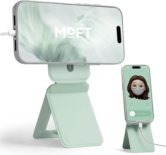 MOFT Phone Stand, Magnetic Phone Tripod Stand Stain-Resistant MOVAS Leather & Angle Adjustment & Strong Magnets Tripod for iPhone 16/15/14/13/12 (Included Metal Ring)-Peppermint