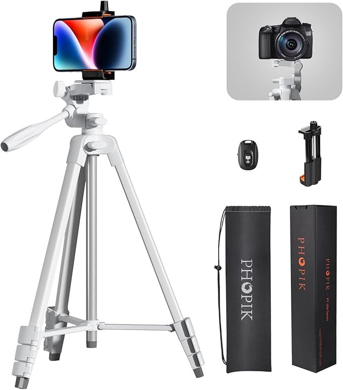 PHOPIK Extendable Tripod Stand - 55" Phone Tripod with 360 Panorama, Shutter-Video, 1/4" Mounting Screw for iPhone/Android/Sport Camera&Insta360 x5 - White
