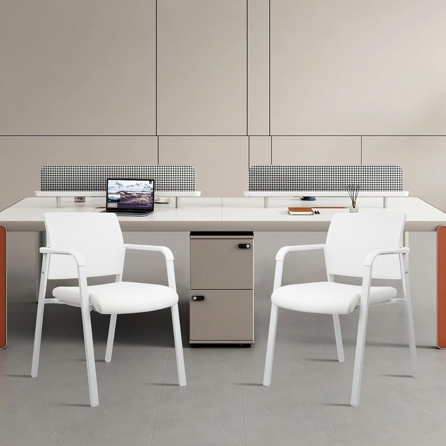 CLATINA Stacking Office Chairs | Mesh Back, Thicken Leather Seat and Arms, Ergonomic Lumbar Support | Guest Reception, Waiting, Conference, School, Party, Customer, Side, Stationary | Set of 2, White