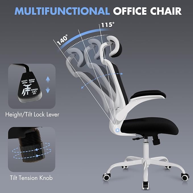 High Back Office Chair with Adjustable Lumbar Support & Headrest, Ergonomic Mesh Desk Chair with Flip-Up Armrests, Breathable & Comfortable Computer Chair for Home, Office & Study, Black