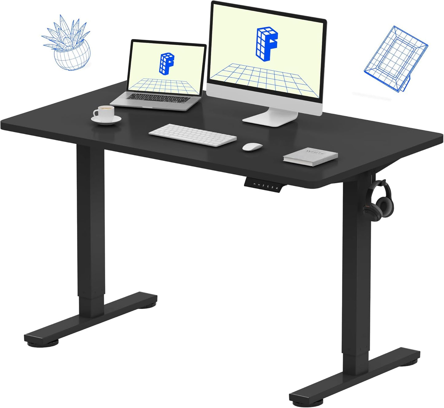 FLEXISPOT EN1 Whole-Piece Standing Desk 48 x 24 Inches Electric Height Adjustable Desk for Home Office (Black Frame + Black Table Top)
