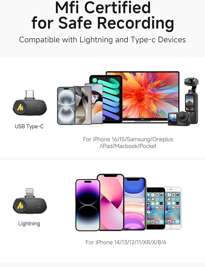 MAONO WAVE T1 Mini Wireless Lavalier Microphone for iPhone Android Tablet PC with Noise Cancellation, AI Voice Filter, 30H Used with Charging Case, USB-C/Lightning Plug for Video Recording Vlog TikTok