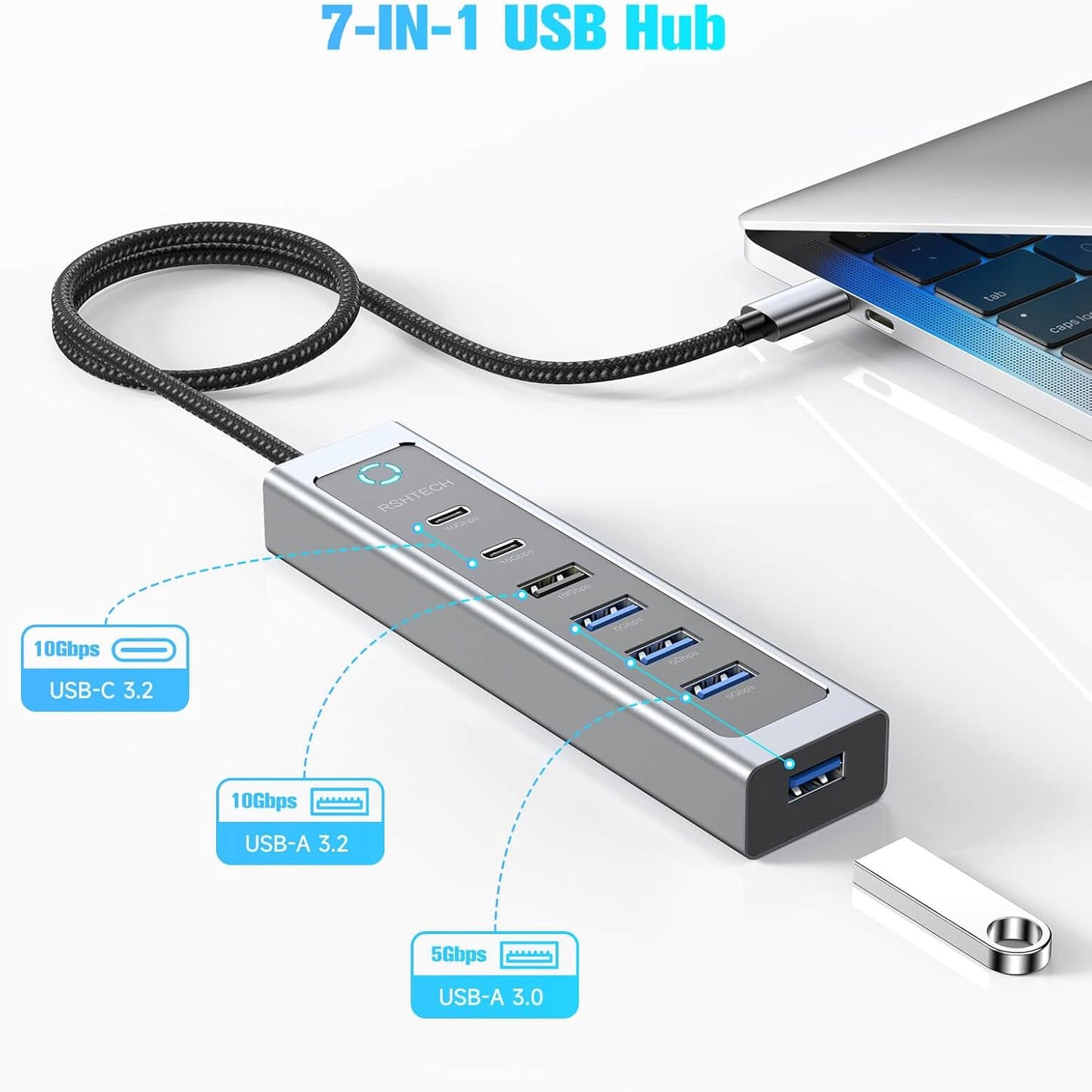 RSHTECH 7-Port USB C Hub Splitter 10Gbps with 3 USB-3.2 (2C + 1A), 4 USB-3.0 Ports and 2ft Long Cable, Aluminum USB-C Hub Multiport Adapters for Laptop and More, RSH-T17C