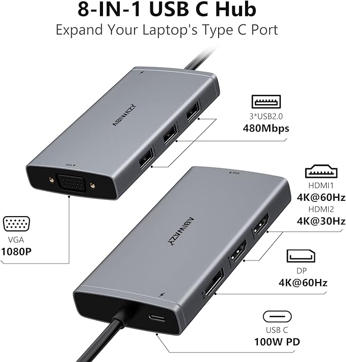 ABIWAZY USB C Docking Station Dual Monitor Adapter for Dell HP Laptop Docking Station 3 Monitors Quadruple Display USBC Hub Dongle to 4K HDMI,DP,VGA,3 USB2.0,100W PD, USB-C Dock for Lenovo,Surface