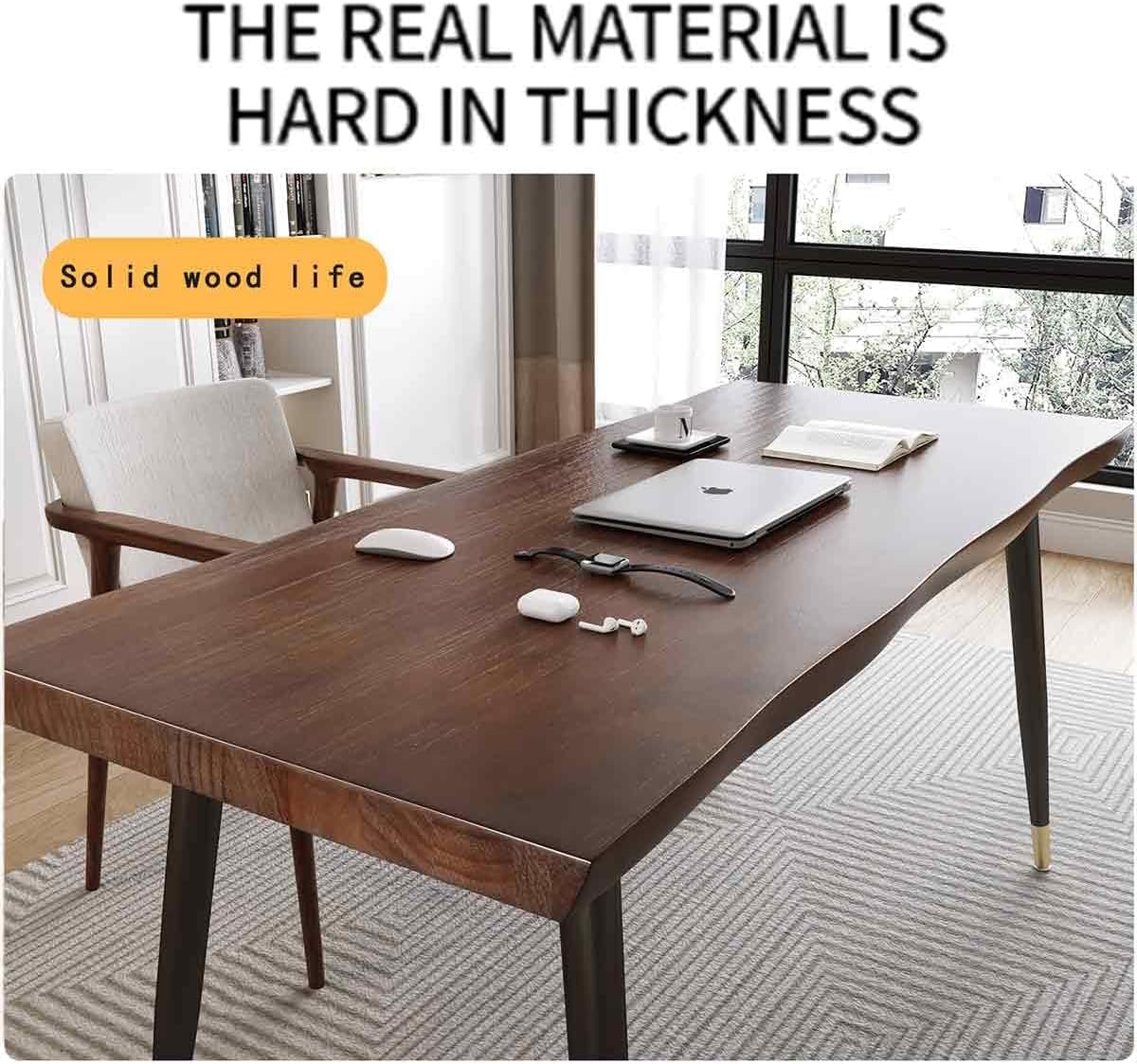 Modern Simple Style 55" Standing Desk Study Computer Desk - Black Metal Frame, Solid Wood Planks, for Home Office Bedroom