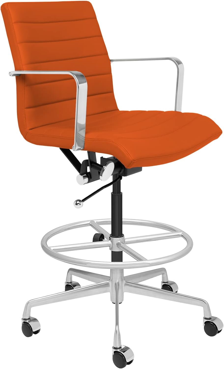 Laura Davidson Furniture SOHO II Ribbed Drafting Chair for Standing Desks, Standing Desk Chair - Ergonomically Designed, Commercial Grade Draft Height, Arm Rest & Cushion, Made of Faux Leather, Orange