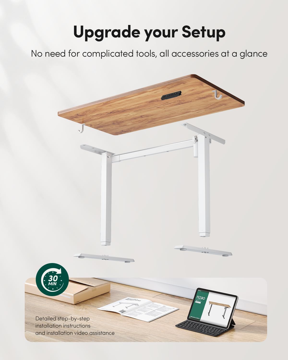 FEZIBO One-Piece Standing Desk Adjustable Height Stand up Home Office Desk, 32x24 Inch Electric Standing Computer Desk, with 4 Memory Presets, Fixable casters, Light Rustic