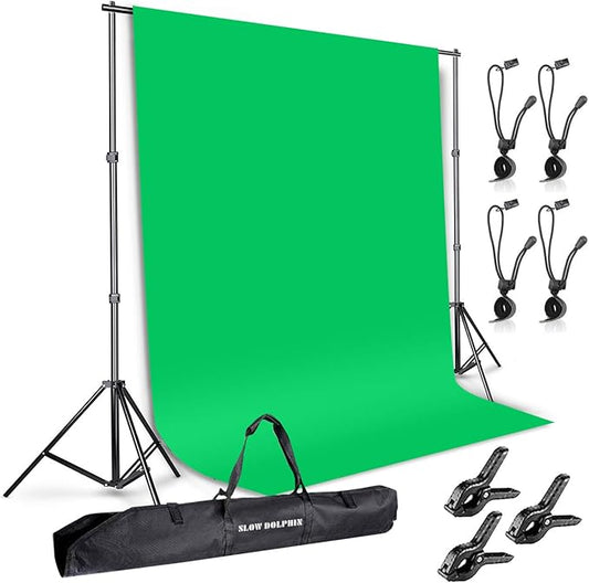 SLOW DOLPHIN Photo Background Support System with Backdrop Stand Kit, 100% Pure Muslin 6.5 Ft x 10 Ft Chromakey Green Screen Backdrop,Clamp, Carry Bag for Photography Video Studio