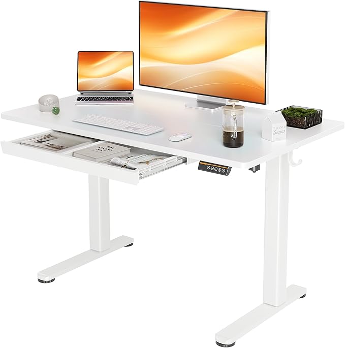 YDN Standing Desk with Drawers, 48 x 24 Inch White Standing Desks Electric Adjustable Height Desk for Computer Workstations, White