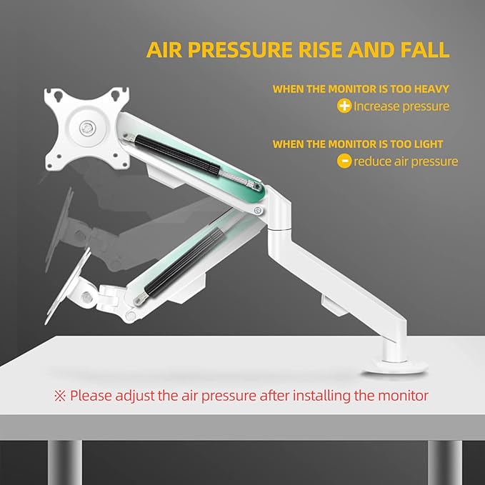 White Single Monitor Arm Mount 17 to 34 inch Articulating Gas Spring Arm 4.4 to 19.8lbs Adjustable Vesa 100 * 100mm Desk Stand with Clamp and Grommet LCD Computer Brachet M5W