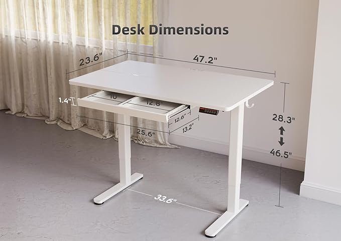 YDN Standing Desk with Drawers, 48 x 24 Inch Electric Adjustable Height Stand Up Desk, Sit Stand for Home Office, White