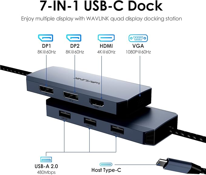 USB C Docking Station Dual DP Monitor, Displayport Docking Station with Dual DP, HDMI, VGA, USB2.0 Ports for Lenovo HP Dell, Windows System Computer (Gray)